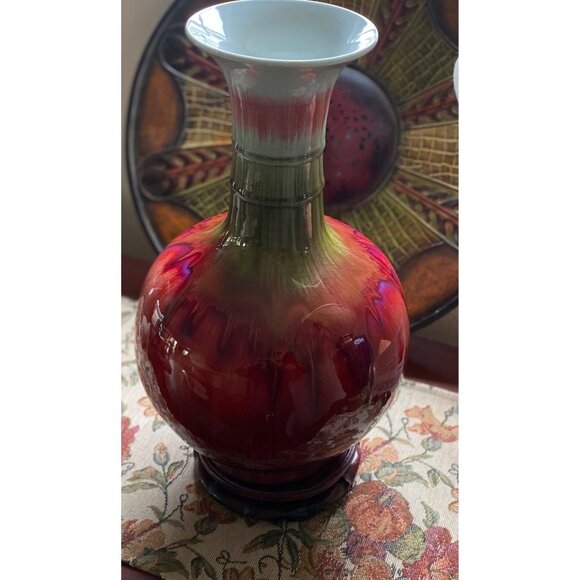 Vase, XL, 16”T, Yabian Chinese Flambé Drip Glaze, Red,Purple,Green,VTG*Rare* - Picture 6 of 16